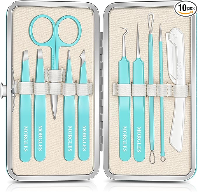 Tweezers for Women Facial Hair, 10 in 1 Pimple Popper Tool Kit with Tweezers, Eyebrow Tweezers Kit with Eyebrow Trimmer & Scissors, Razor, Travel Bag, Hair Plucking Daily Beauty Tools