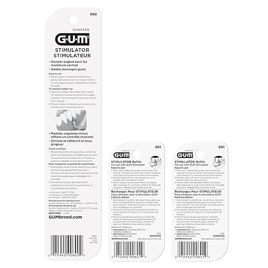 GUM Stimulator Permanent Handle - Long Handled Massager Remove Plaque & Promote Health (Handle + 2 Refill Packs)