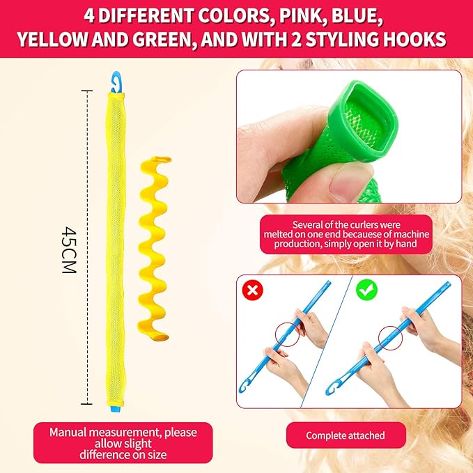 30 Pieces Heatless Waves Curlers Spiral Curls Styling Kit No Heat Hair Waver Spiral Curlers Rollers with 2 Pieces Styling Hooks for Most Hairstyles (45 cm, Mixed Color)