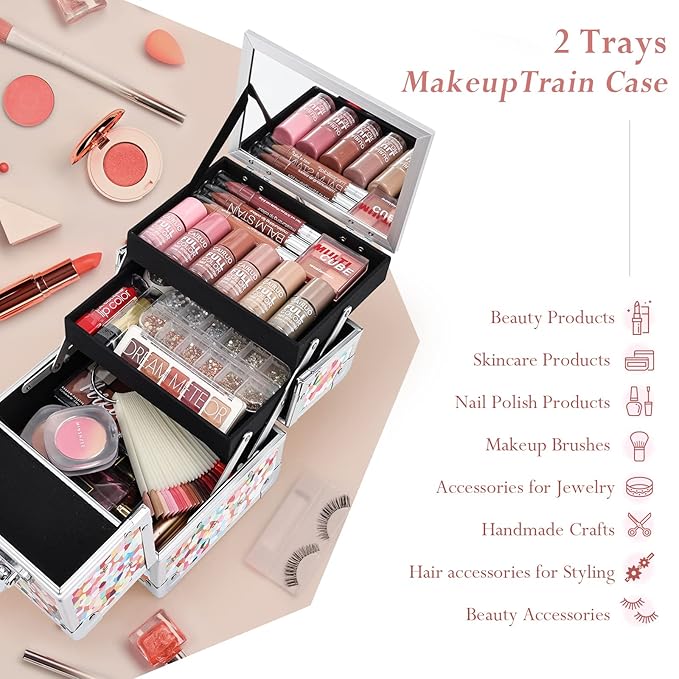 Joligrace Makeup Train Case for Girls Cosmetic Box Kids Jewelry Organizer Hair Accessories Mosaic Orange