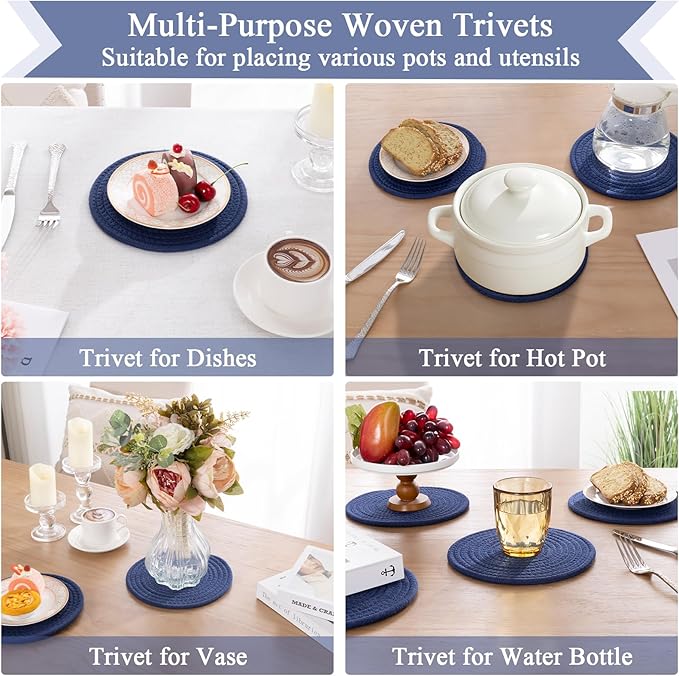 SHACOS 8 Inches Trivets for Hot Dishes, 4 Pieces Cotton Trivets Mats for Kitchen, Heat-Resistant Pot Holders for Countertops and Table, Hot Pads for Hot Pots and Pans, Navy Blue