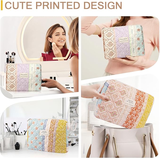 Floral Makeup Bag, Small Cosmetic Bag for Women Girls, Cute Cotton Makeup Bag, Quilted Makeup Bags, Flower Travel Toiletry Organizer Bag(Color-Coded Floral)