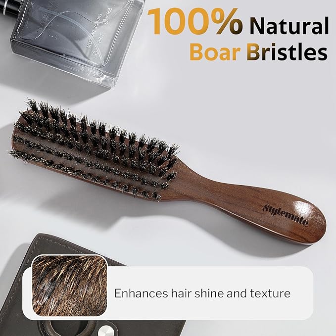 Hair Brush for Men, Mens Boar Bristle Slick Back Hair Brush with Natural Stiff Bristles & Wooden Walnut Handle for Thick & Fine Hair Smoothing, Detangling, Styling, Beard Straightens