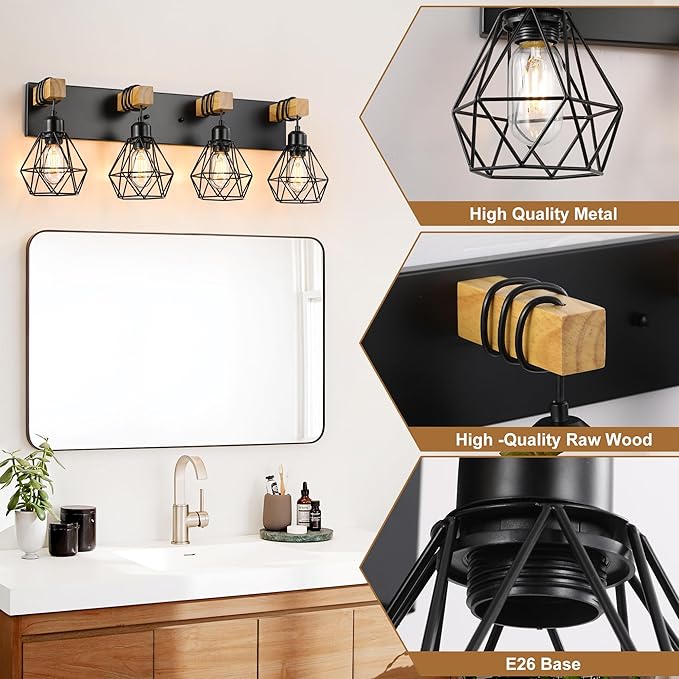 4-Light Farmhouse Bathroom Vanity Light Fixtures, Wood Bathroom Light Fixtures Over Mirror, Rustic Sconces Wall Lighting with Elegant Metal Lampshade for Living Room, Bedroom, Hallway