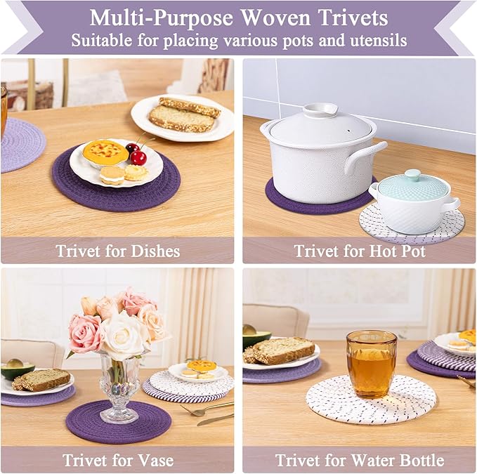 SHACOS 8 Inches Trivets for Hot Dishes, 4 Pieces Cotton Trivets Mats for Kitchen, Hot Pads for Countertops and Table, Heat-Resistant Pot Holders for Hot Pots and Pans(Purple, 4pcs)