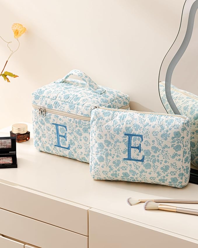 HBselect 2pcs Initial Quilted Cotton Large Travel Cute Floral Coquette Makeup Cosmetic Toiletry Bag for Women Girls