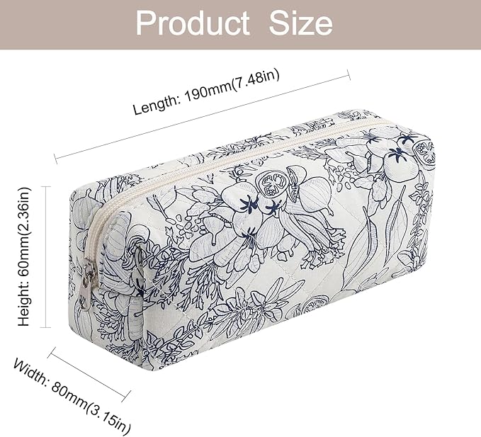 Cute Floral Makeup Brush Bag Small Cotton Quilted Cosmetic Bag for Women Travel Toiletry Zipper Make Up Pouch (Navy Floral)