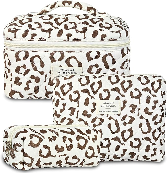 3Pcs Makeup Bag Cotton Quilted Travel Cosmetic Bag Cute Floral Makeup Pouch Large Toiletry Bag for Women Girls