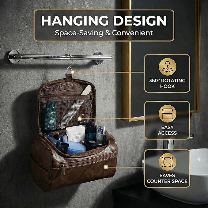 Men’s Hanging Toiletry Bag, Large Capacity Travel Dopp Kit Organizer for Business Trip – Waterproof Shaving Bag Multi-Compartment Storage for Grooming Essentials, Bathroom & Gym (Coffee)
