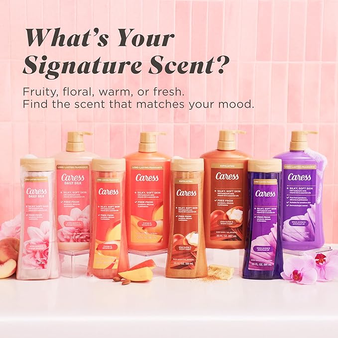 Caress Body Wash With Pump Daily Silk White Peach & Orange Blossom Body Soap for Noticeably Silky, Soft Skin 30 fl oz, 4 Pack