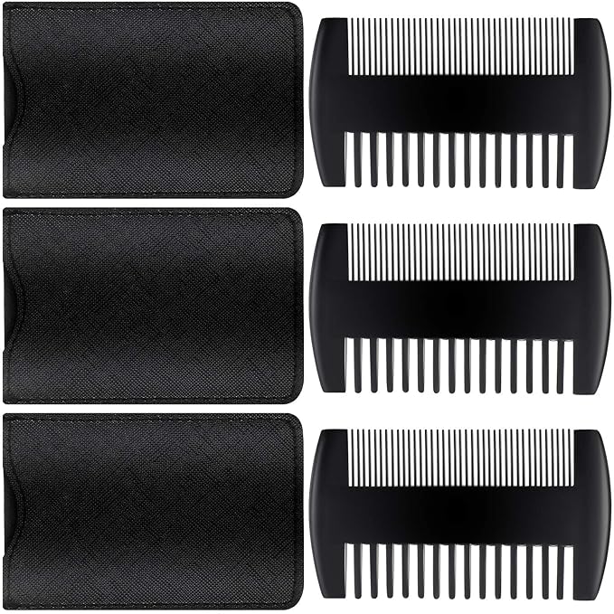 3 Pieces Beard Comb for Men Natural Sandalwood Wooden Mustaches Combs Dual Action Teeth Beard Comb with 3 Pieces Pocket Faux Leather Case for Beards Mustaches(Black)