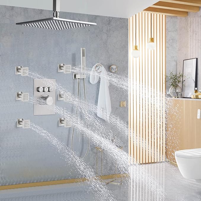 Solid Brass Independent Switch Shower Body Jets 6pcs Body Sprayer for Shower Massage Jets Wall Mount, Showerhead Can Swivel, Flow Can Be Controlled, Brushed Nickel