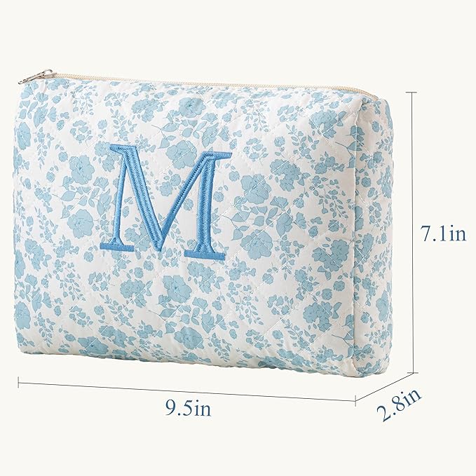 HBselect Initial Quilted Makeup Bag, Cotton Large Travel Makeup Bag, Cute Floral Coquette Make up Bag Cosmetic Bag Toiletry Bag for Women Girls M