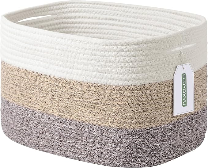 Cotton Rope Storage Basket, 15x10x9 Inches, Woven Basket for Shelves, Clothes, Towels, Books, and Laundry, White Brown (1 Pack)