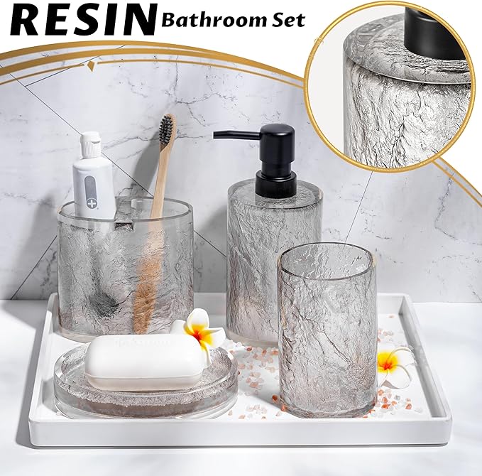 Modern Luxe Bathroom Accessories Set 4 Pcs Resin Bathroom Accessory Set Soap Dispenser Toothbrush Holder Tumbler Soap Dish Easy to Clean Crackle Pattern Translucent Black