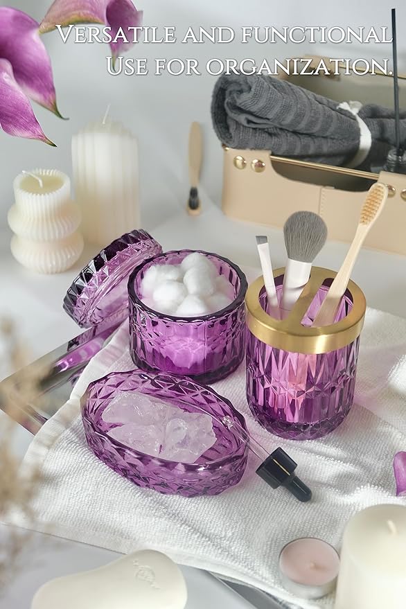 Purple Bathroom Accessories Set, 5Pcs Clear Glass Bathroom Decor Set, Soap Dispenser, Toothbrush Holder Set, Soap Dish, Qtip Holder, Tumbler for Vintage Crystal Bathroom Decor, Gift Set