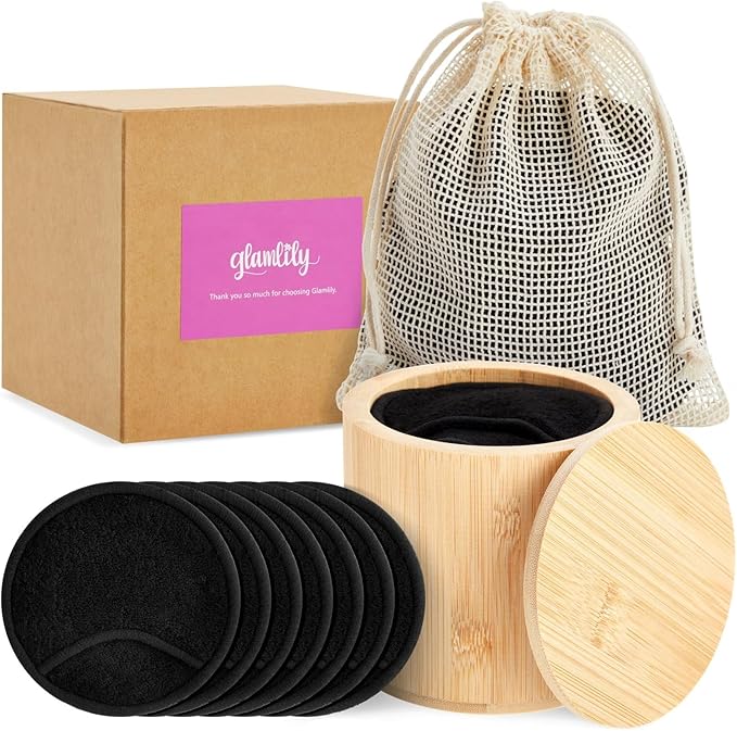 18 Pack Reusable Cotton Rounds for Makeup Removal with Bamboo Holder and Mesh Storage Bag (Black)