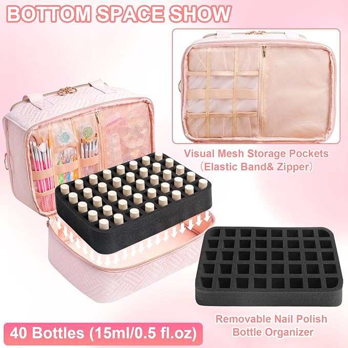 Nail Polish Organizer Bag Holds 80 Bottles (15ml/0.5fl.oz)& Nail Lamp, Soft Velvet Nail Kit Storage Carrying Case with Shoulder Strap, Double Layer Nail Supplies Organizer Handbag Women (Pink)