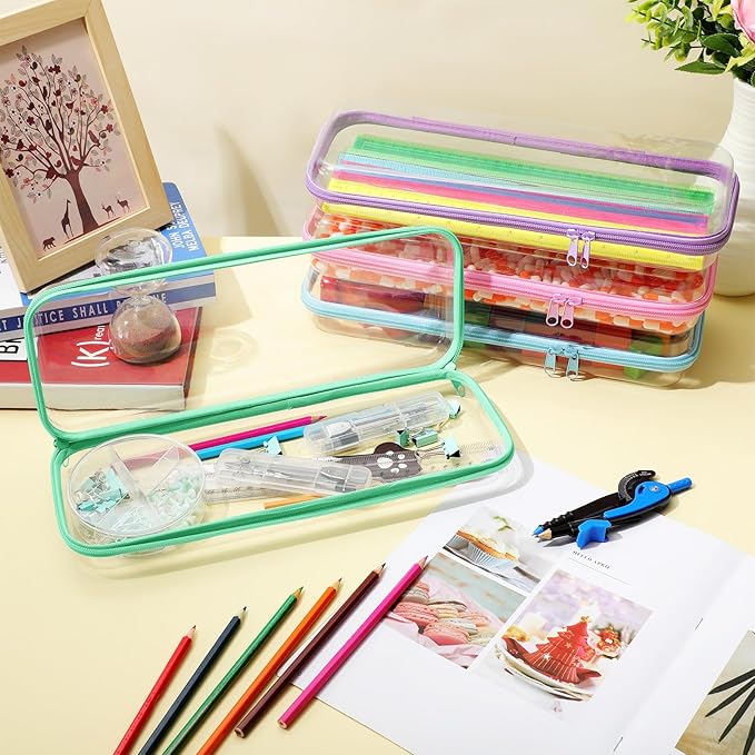 Hoolerry 4 Pcs Hard Clear Zipper Case Makeup Bags Plastic Zipper Pouch Transparent Storage Box Containers for Cosmetics, Snacks, Building Blocks, Puzzles(Clear,13.2 x 4.7 x 2.4 in,Pastel)
