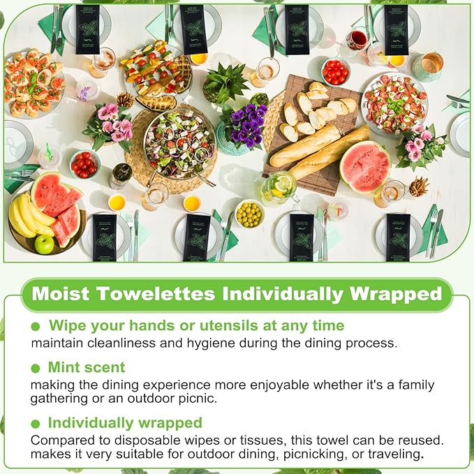 Moist Cotton Towel Bulk Moist Towelettes Individually Wrapped 8.7" x 8.7",White Towel Services,Refreshment Pre Moistened Towels for Travel Sport Party Spa Dentist (1 Count (Pack of 100), Mint)