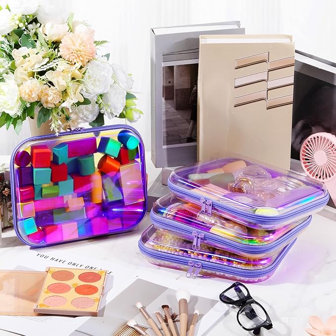 Hoolerry 4 Pcs Hard Clear Zipper Case Makeup Bags Plastic Zipper Pouch Transparent Storage Box Containers for Cosmetics, Snacks, Building Blocks, Puzzles(Clear,9.8 x 7.9 x 2 in,Purple Laser)