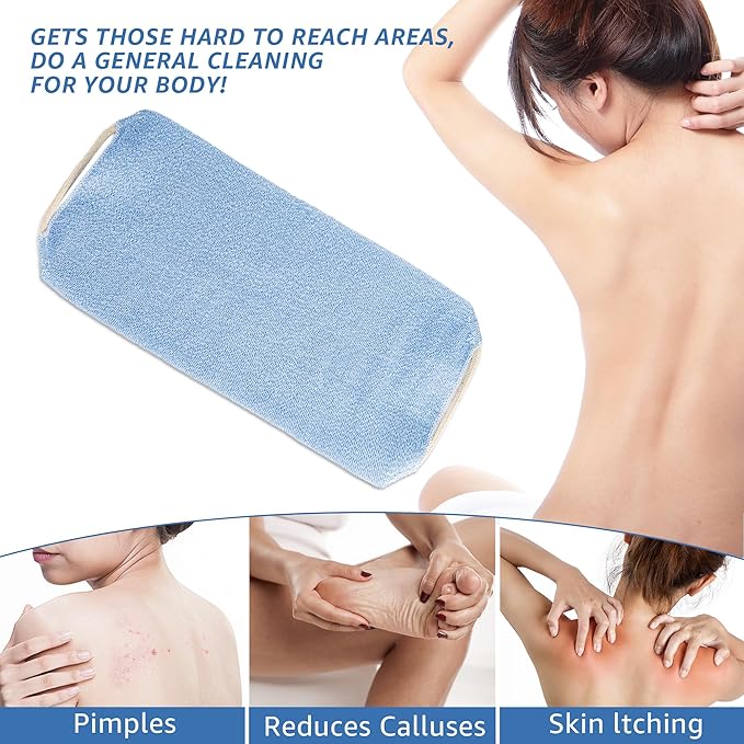 Extended Exfoliating Back Scrubber with Handles, Nylon Cleaning Exfoliator Washcloth for Body, Stretchable Pull Strap Soft Quick-Drying Rough Scrub Towel, Blue