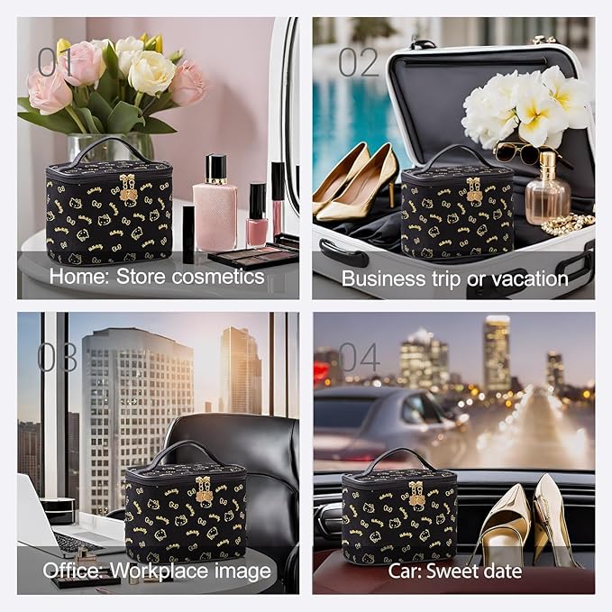 Vimanllie Makeup Bag Large Capacity Travel Cosmetic Bag with Dedicated Brush Holder,Cute Printed Makeup Organizer for Women Traveling,Portable Toiletry Bag for Girls
