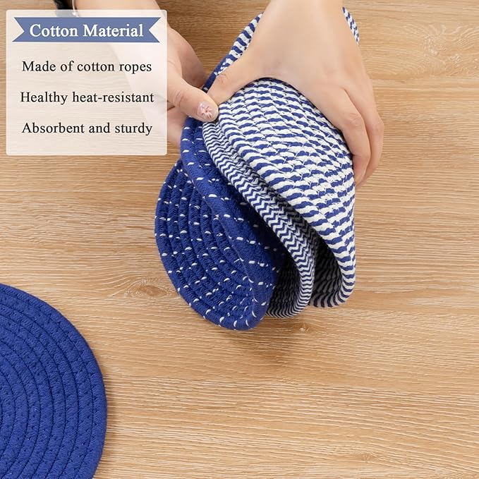 SHACOS 10 Inches Trivets for Hot Dishes, 4 Pieces Cotton Trivets Mats for Kitchen, Hot Pads for Countertops and Table, Heat-Resistant Pot Holders for Hot Pots and Pans(Deep Blue, 4pcs)