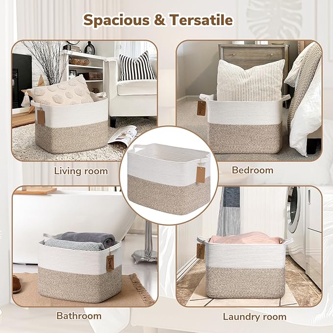 Goodpick Woven Storage Baskets for Organizing, Blanket Basket Living Room, Rope Baskets for Storage, Rectangle Toy Basket With Handles, Brown and White, 18 x 14 x 12 Inches