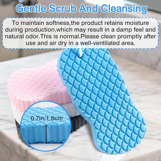 4-Pack Exfoliating Bath Sponges – Super Soft Shower Sponge Set for Adults & Kids, Gentle Dead Skin Remover, Assorted Colors (Pink, Blue, White, Gray)