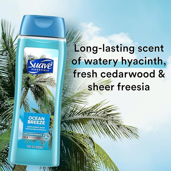 Suave Moisturizing Body Wash, with Ocean Breeze Scent and Vitamin E Extract, No Parabens, No Phtahaltes, 18 Oz, (Pack of 12)