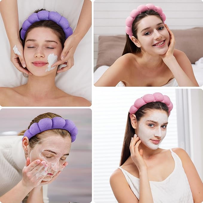 Spa Facial Headbands Combo Pack - 2 Terry Cloth Makeup Headbands for Face Washing, Masks, and Skin Treatments (Pink + Purple)