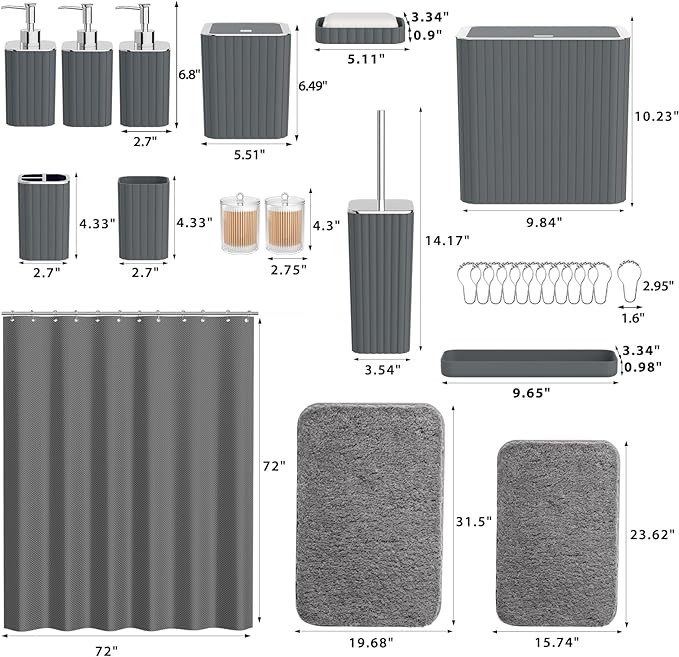 Bathroom Accessory Set - Bathroom Set, 27PC Bathroom Accessories Set, Grey Bathroom Sets with Shower Curtain and Rugs, Mini Trash Can, Toilet Brush, Trash Can & Soap Dispenser