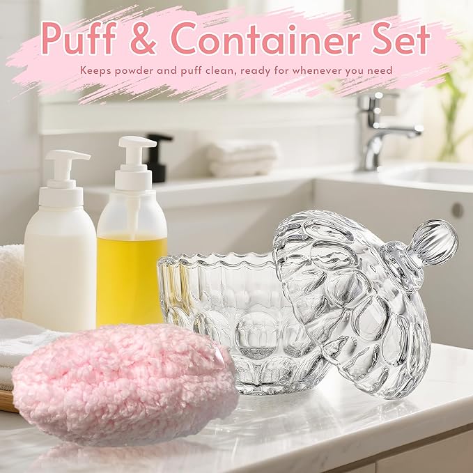 kanpura 2 Pcs Extra Large Body Powder Puff and Container Clear 6 Inch Body Powder Puff and Crystal Container for Baby Women Reusable, Washable, Wet and Dry Makeup