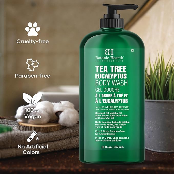 Botanic Hearth Eucalyptus & Tea Tree Body Wash – Refreshing & Invigorating Shower Gel for Men & Women, Helps Soothe Skin, Sulfate & Paraben Free – 16 fl oz