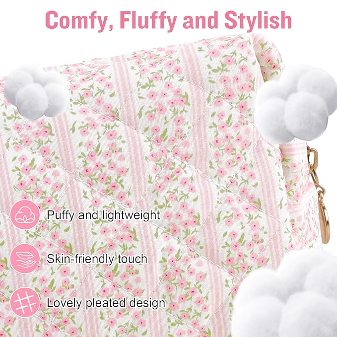 Personalized Quilted Cosmetic Bag, Puffy Monogrammed Christmas Birthday Gifts for Women & Girls, Cute initial Floral Makeup Bag Puffer Coquette Bag, Aesthetic Travel Toiletry Zipper Pouch(Pink,F)