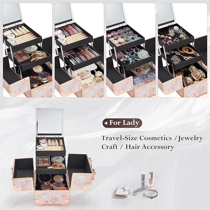 Costravio Makeup Case Train Case Portable Makeup Box with Mirror Lock Box Travel Cosmetic Train Cases Hard Make Up Organizer for Girls Nail Craft Storage Vanity Rose Gold Flower