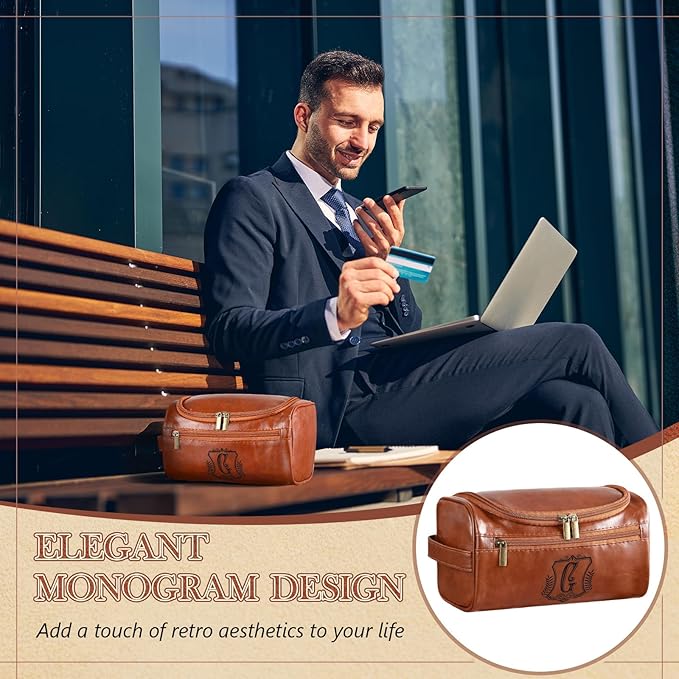 Sadnyy Personalized Leather Toiletry Bag for Men Initial Travel Bag with Hook Monogrammed Toiletry Pouch Leather Travel Bathroom Kit with Side Handle for Him Dad Husband Anniversary Birthday Gifts(G)