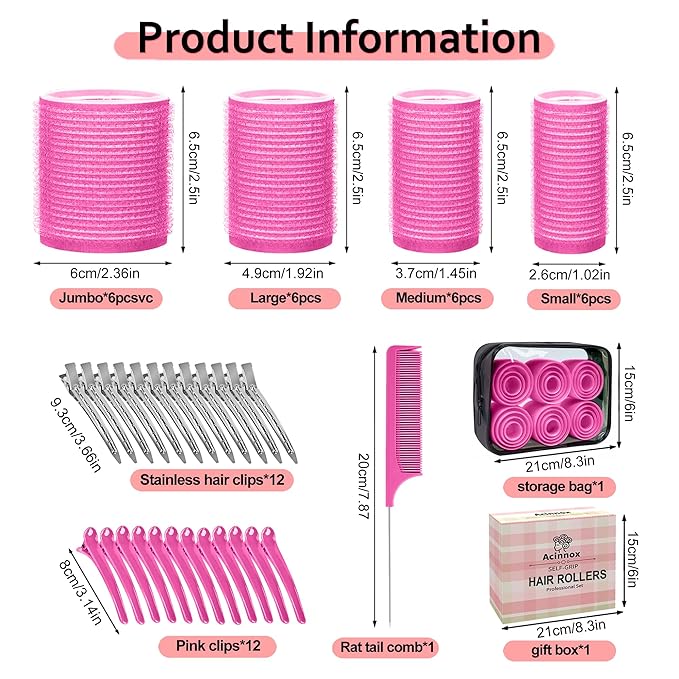 4 Sizes Self-Grip Hair Rollers Set with Clips - 4 Sizes for Long, Short Hair & Bangs (25mm, 36mm, 48mm, 60mm),(Rose Red, 4 Sizes)