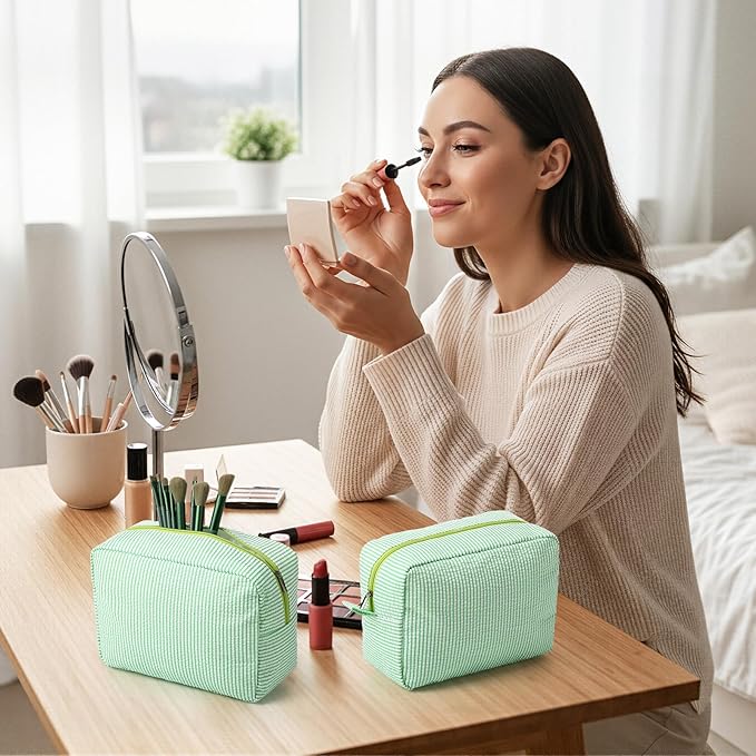 Sanwuta 6 Pcs Seersucker Cosmetic Bag Bulk Pinstripe Makeup Bag for Women Aesthetic Cute Travel Toiletry Organizer Preppy Storage Pouch for Wedding Bridesmaid Christmas Gift (Large, Green)