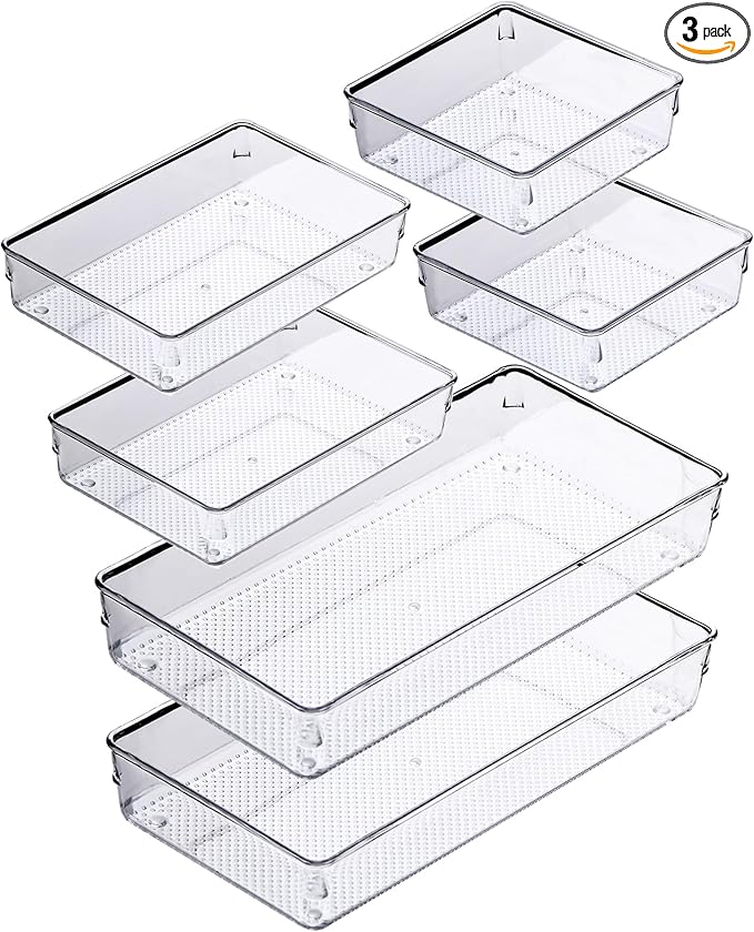 ihomecooker 3 Pack Clear Plastic Drawer Organizer Tray Cutlery Utensil Makeups Drawer Silverware Organizers 12" X 6"… (6P(6X6+6X9+6X15))