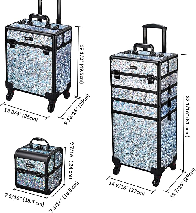 BYOOTIQUE Makeup Cart on Wheels 3-Piece Lockable Esthetician Rolling Case Cosmetology Organizer Kit Hair Tool Travel Bag for Lash Artist Nail Slon Beauty Studio Hairstylist Manicurist,Mermaid Silver