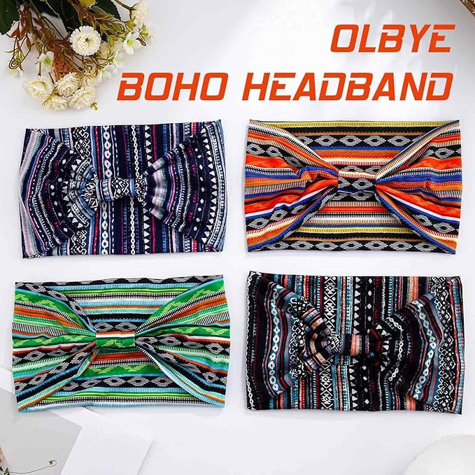 Olbye Wide Boho Headbands Floral Stretch Head Wraps Bohemian African Turban Hairbands Knotted Bandana Headband Yoga Running Head Scarfs Workout Hair Accessories for Women 4Pcs (Stylish, 9.4 * 5.9'')