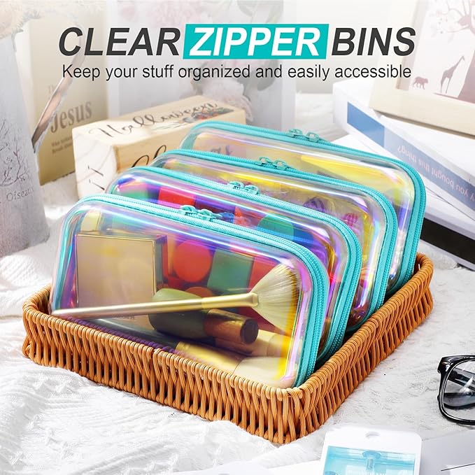 Hoolerry 4 Pcs Hard Clear Zipper Case Makeup Bags Plastic Zipper Pouch Transparent Storage Box Containers for Cosmetics, Snacks, Building Blocks, Puzzles(Clear,7.5 x 3.9 x 2 in,Blue Laser)