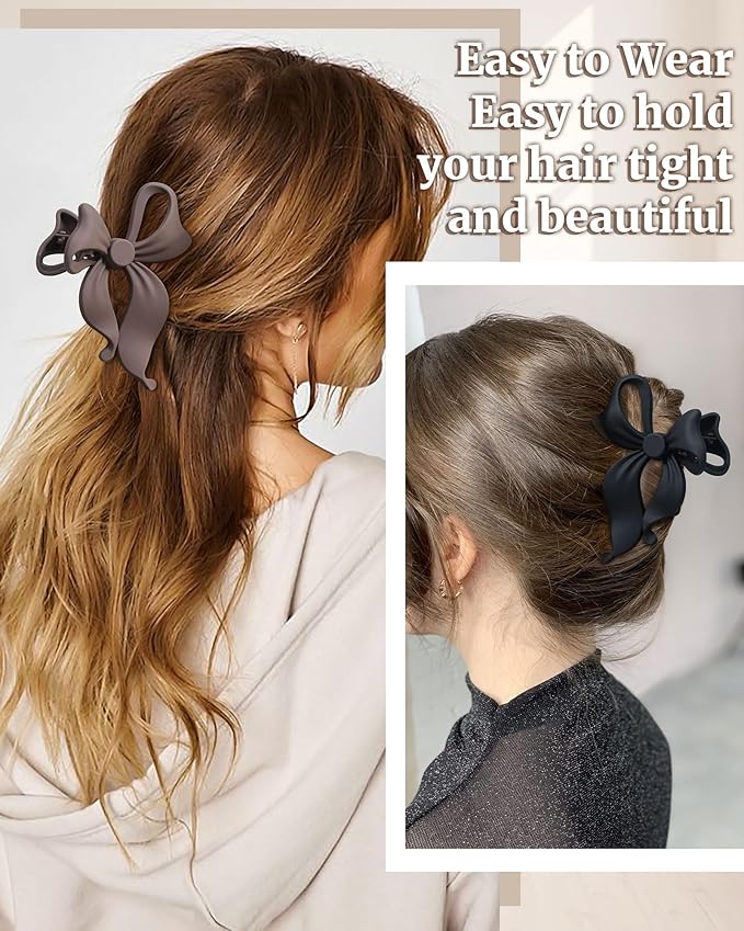 Mesovor 4 pack Cute Bow Claw Clip for Women, Nonslip Large Matte Strong Hold Bows Hair Clips for Thin and Thick Hair | Chic Hair Styling Accessories (4.1" Light Khaki, Dark Khaki, Brown, Black)