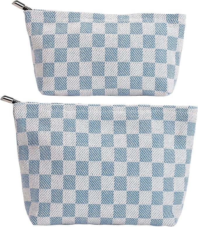 2-Pack Blue & White Checkered Makeup Bag Set - Large Capacity Cosmetic Organizer Pouch | Travel Toiletry Bag & Purse Organizer for Women Girls