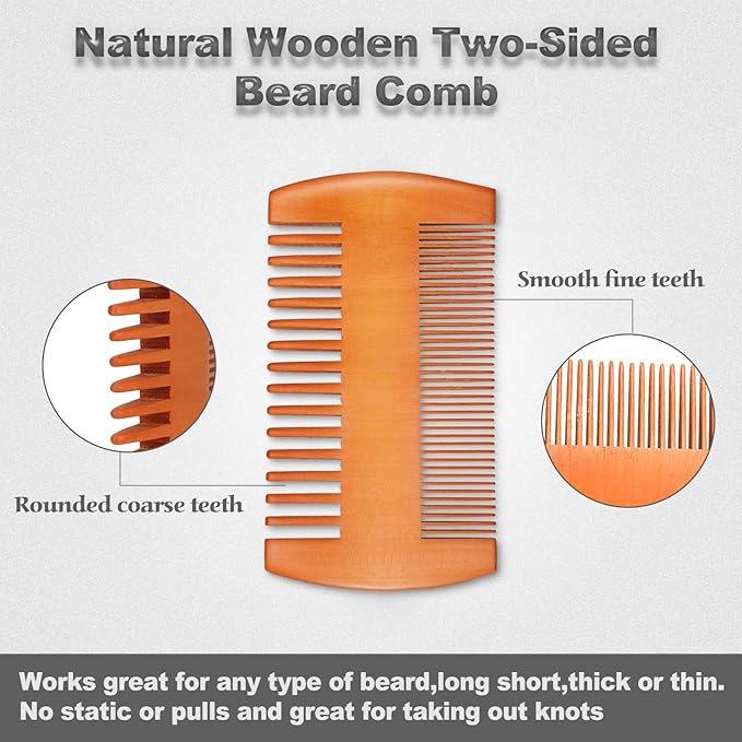 3 Pieces Beard Comb for Men Natural Sandalwood Wooden Mustaches Combs Dual Action Teeth Beard Comb with 3 Pieces Pocket Faux Leather Case for Beards Mustaches(Black, Yellow, Brown)