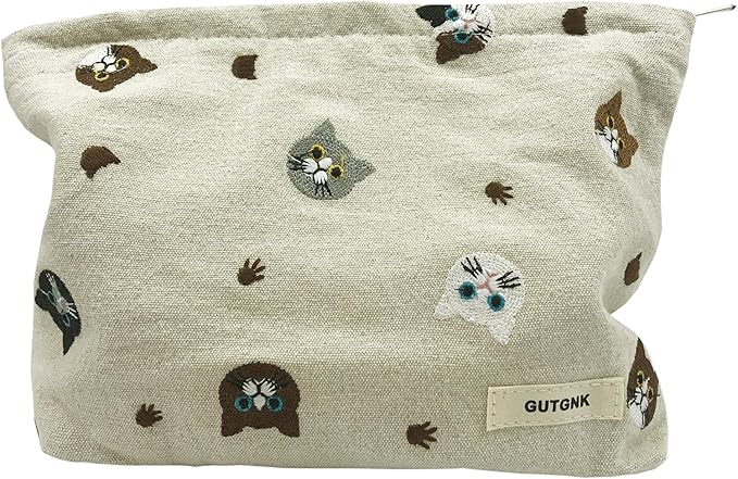GUTGNK Corduroy Ladies Cosmetic Bag, Large Capacity Canvas Cosmetic Bag Travel Toiletry Bag Accessories Organizer, White Cat