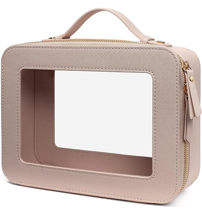 LETGO Clear Makeup Bag Organizer, Travel Toiletry Bag Cosmetic Case for Women, Portable Make Up Skincare Pouch Car Organizer Bag with Zippers for Essentials(Large-Nude)