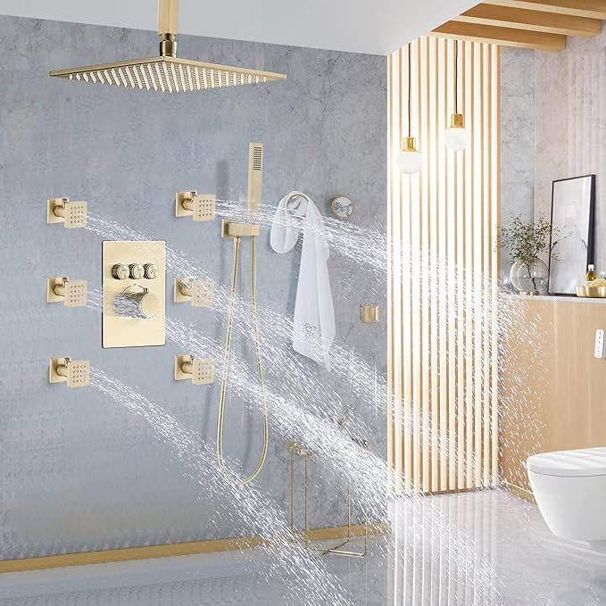 Solid Brass Square Shower Body Sprays with On Off Switch Brushed Gold Shower Jets 6 Pcs Massage Nozzle Jet Wall Mount, Flow Can Be Controlled, Showerhead Can Swivel